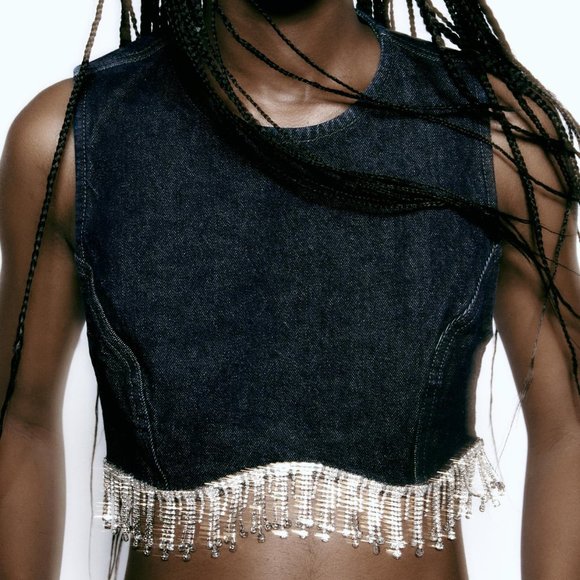 BNWT ZARA JEWEL DENIM TOP DARK INDIGO CROP TOP - REF. 7227/240 SMALL - Picture 2 of 8